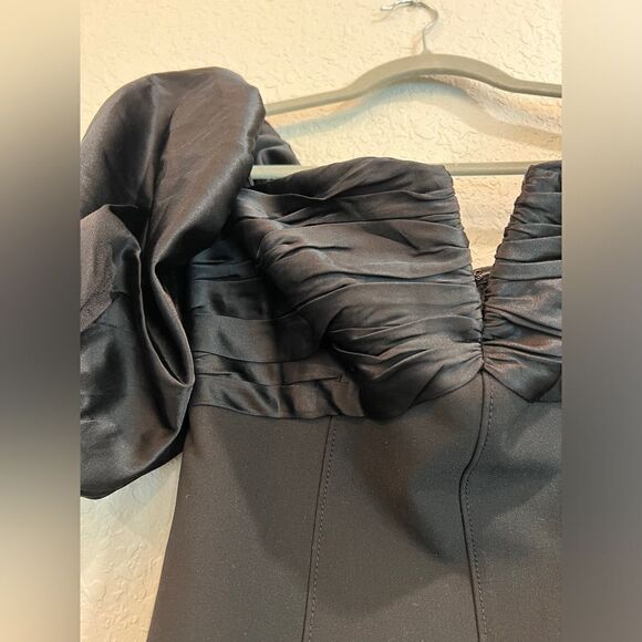 CINQ A SEPT Teo Off Shoulder Puff Sleeve Mini Dress Satin Crepe Black - Picture 7 of 10